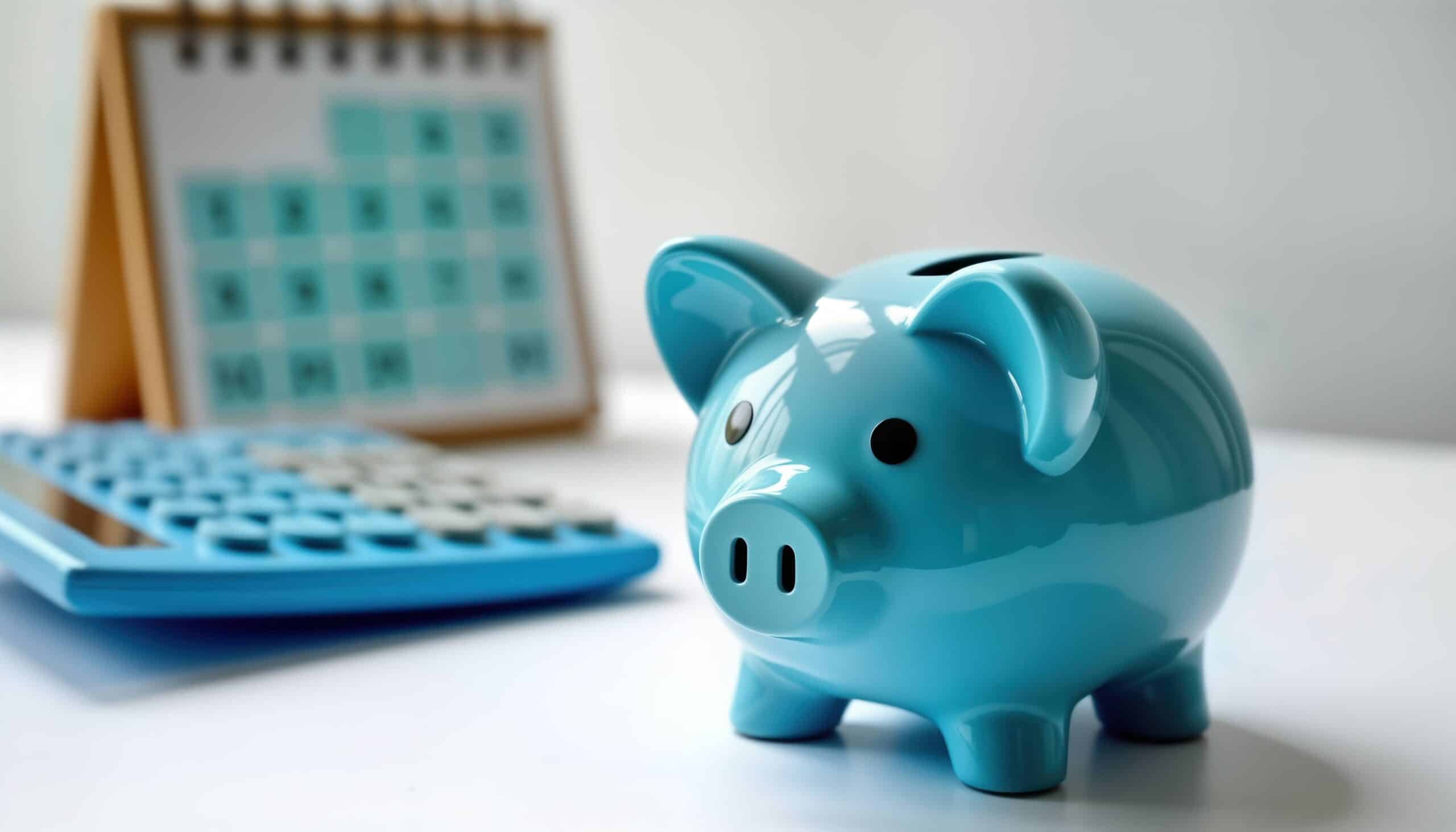 Blue piggy bank sits on white surface with blue calculator, calendar in background. Concept for what to know about how to change Medicare Supplement plans.
