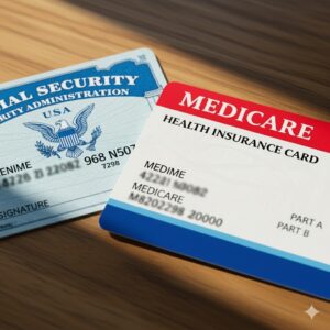 Mockup of Social Security card and Medicare card side by side on a table