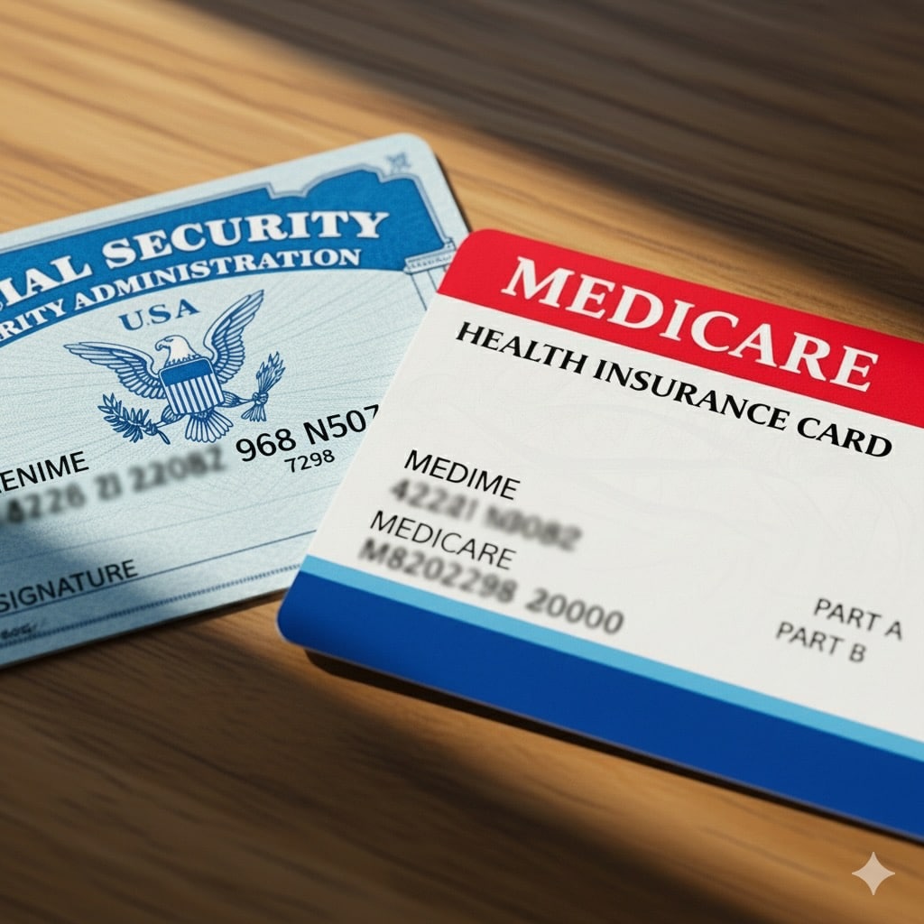 Mockup of Social Security card and Medicare card side by side on a table