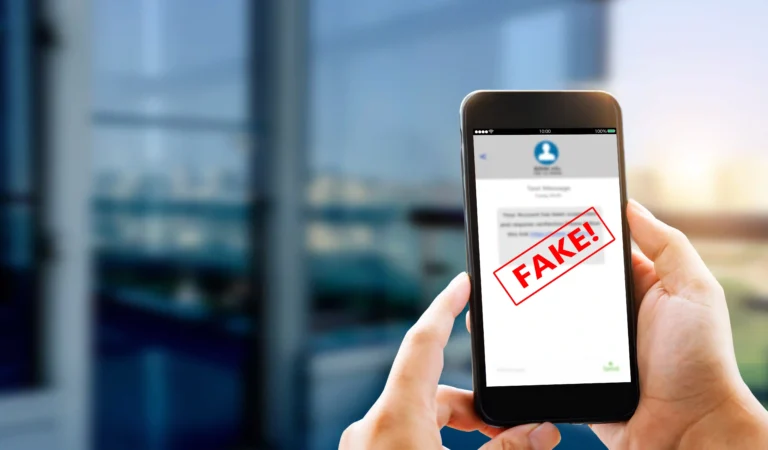 Hands holding an iphone on the Messages app, a text message is blurred out with an icon reading FAKE superimposed on top of the phone. Concept for Medicare broker fraud text messages.