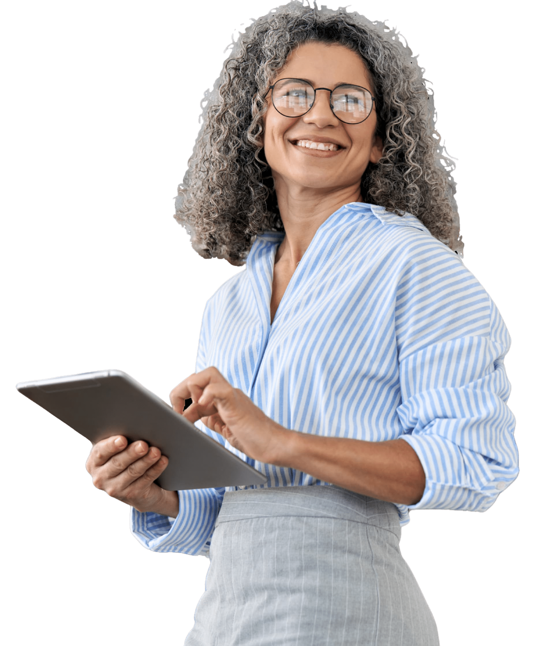 smiling woman wearing glasses and holding tablet