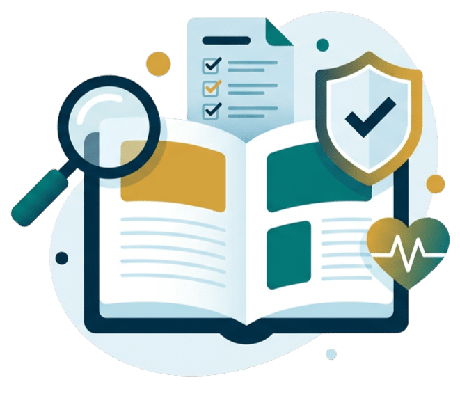 United Medicare Advisors healthcare graphic, a book, health shield and magnifying glass